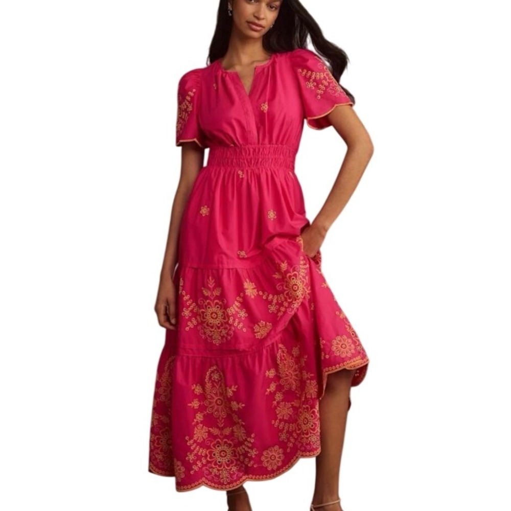 Anthropologie Somerset Maxi Dress XL Hot Pink Orange Embroidered Tiered Boho